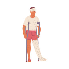 Obraz premium Sad man with broken leg and cast standing with help of crutches, flat vector illustration isolated on white background.