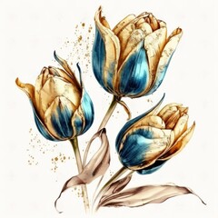 Blue and golden watercolor tulip flowers. Illustration AI Generative.