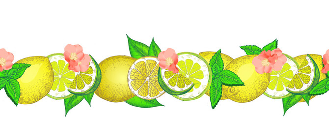 Banner with lemons, lime, leaves and flowers. Handmade drawing. Illustration with lemons. Bright drawing with fruits. Illustration.