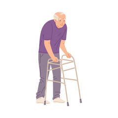 Elderly man going with walker flat style, vector illustration