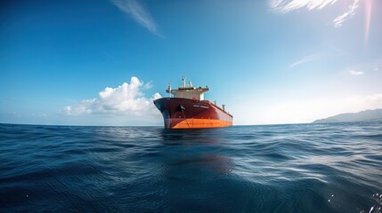 Obraz premium Low angle view on huge fuel tanker ship in the sea. Generative AI