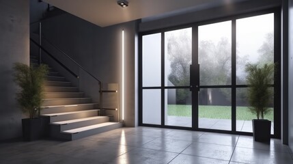 Obraz na płótnie Canvas Aluminum modern entrance to a luxury house where the door is alsó remarkable. Generative AI Technology 