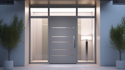 Aluminum modern entrance to a luxury house where the door is alsó remarkable. Generative AI Technology  - obrazy, fototapety, plakaty