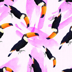 illustration print seamless pattern toucans painted with pink brush marks on canvas background