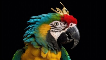 Fototapeta premium Close-Up of Beautiful Parrot in crown - Detailed Portrait of Colorful king Bird of exotic parrot's plumage.