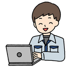 パソコン作業をする笑顔の作業服の男性