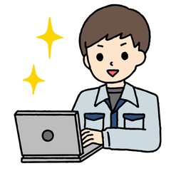パソコン作業をする作業服の男性がキラキラしている