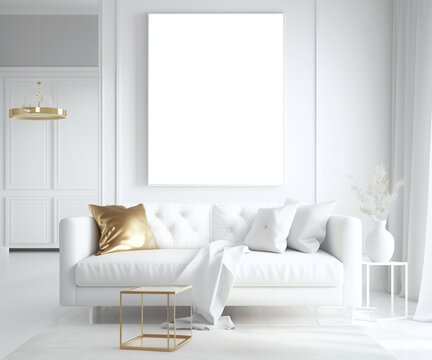 Blank picture frame on a wall for showcasing art in an  elegant all white living room with gold accents mockup
