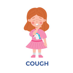 Exhausted child girl in pink dress having cough flu symptom flat style