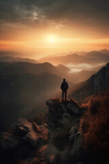 Fototapeta premium a man is standing on a mountain. AI generative