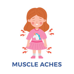 Cute kid girl having muscle aches flat style, vector illustration
