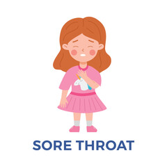 Upset little girl in pink dress with sore throat flat style