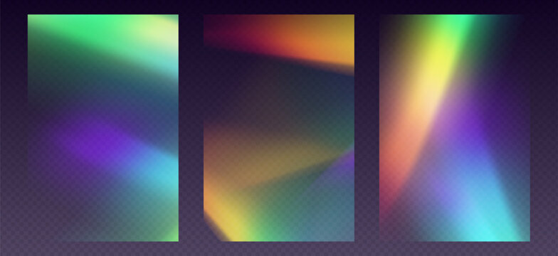 Crystal refraction overlay, leak flare, rainbow sunlight effect, holographic reflections for posters or social media. Blurred optical rays, vintage camera glares. Vector illustration.