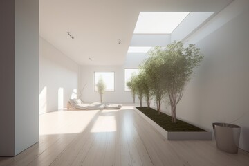 minimalist white room with a solitary tree as the centerpiece. Generative AI