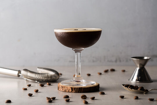 Espresso Martini cocktail boozy vodka, coffee liquor, espresso and syrup with coffee beans as garnish