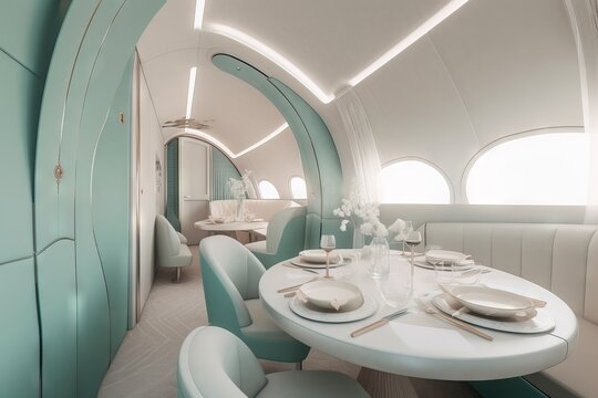 modern private plane interior with luxury table served