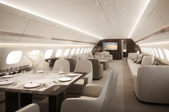 airplane with open and modern interior with table served 