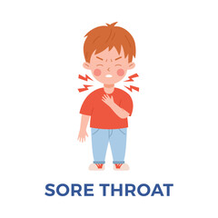 Little boy suffering from sore throat, cartoon flat vector illustration isolated on white background.