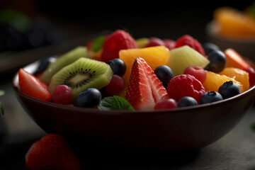 Fresh fruit salad, close up, macro, in the style of food photography. AI generative