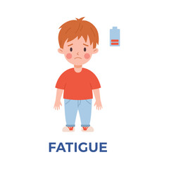 Fatigue - flu symptom, sad boy with low energy level, flat vector illustration isolated on white background.