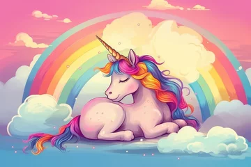 Wanddecoratie Regenboog unicorn resting on a fluffy cloud with a vibrant rainbow in the background. Generative AI  © The 2R Artificiality