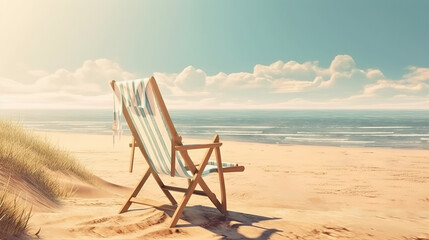 Beach chair on beautiful beach. Sunny day on a ocean shore. Travel paradise concept. Generative AI