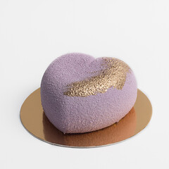French mousse cake covered with violet velvet glaze isolated on white. Sweet decorated of gold foil  Lavender modern European dessert with with gold powder.