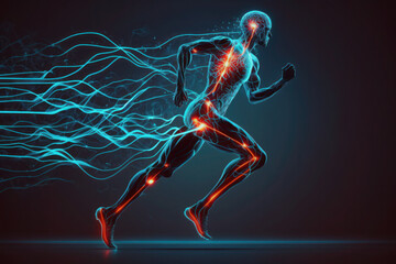 The man runs in motion. human brain and body. glowing Green lines. neural connections. artificial intelligence, cyberspace. AI Generative - obrazy, fototapety, plakaty