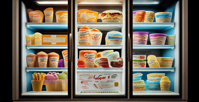 Freezer With Huge Glass Doors And A Variety Of Packaging Of Various Prepared Foods - AI Generated Image