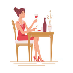 Elegant woman in dress eating in restaurant, flat vector illustration isolated on white background.