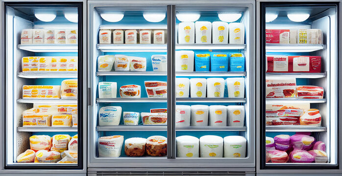 Freezer With Huge Glass Doors And A Variety Of Packaging Of Various Prepared Foods - AI Generated Image