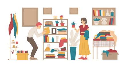 People shopping in second hand or garage sale, flat vector illustration isolated on white background.