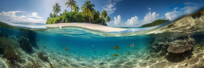 Fototapeta na wymiar Photograph of beautiful inviting beach scene with blue sky. AI generative