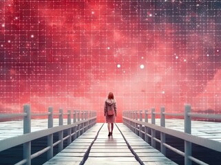 woman on a bridge looking at cosmic background