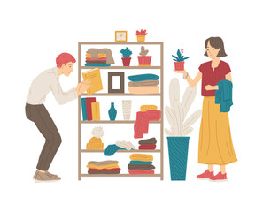 People in second hand shop or flea market, flat vector illustration isolated.