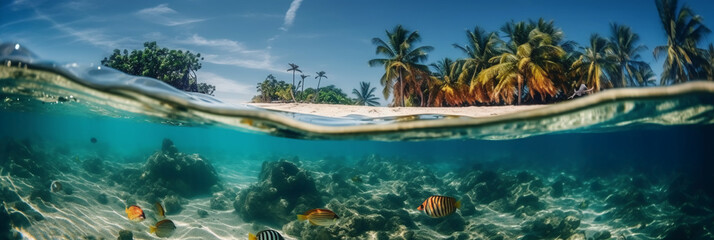 Obraz premium Photograph of beautiful inviting beach scene with blue sky. AI generative