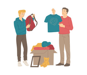 Men shopping in second hand shop, flat vector illustration isolated on white background.