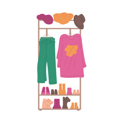 Rack for clothes, shoes and hats in shop, flat vector illustration isolated on white background.