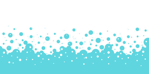 Bubble soap vector background, cartoon blue water foam, bath pattern. Shower border. Laundry suds, soda, shampoo frame. Underwater, fizz drink, carbonated water splash, soft cloud. Clean illustration - obrazy, fototapety, plakaty