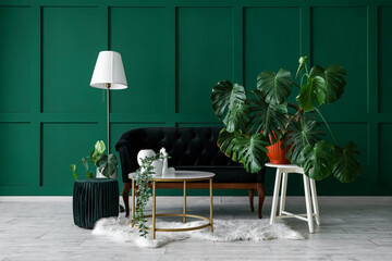 Interior of living room with sofa, tables and Monstera houseplant