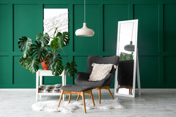 Interior of living room with armchair and Monstera houseplant