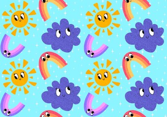 Fototapeta na wymiar Retro summer cartoon seamless sun and rainbow and clouds pattern for wrapping paper and kids clothes print