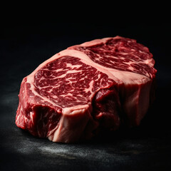 Fresh uncooked marbled beef, black background. AI generative