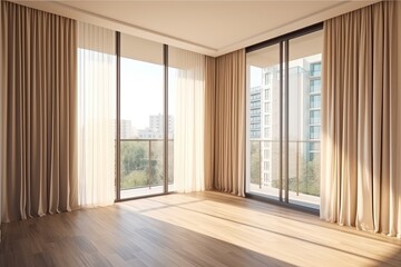 Fototapeta premium cozy living room with a spacious window and warm wooden flooring. Generative AI