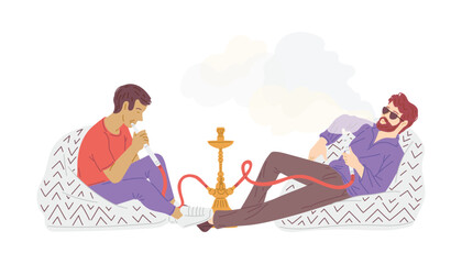 Men smoking hookah flat style, vector illustration