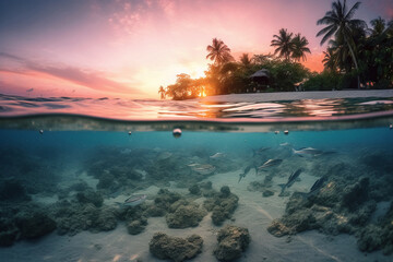 Photograph of beautiful inviting beach scene with pink sunset sky. AI generative