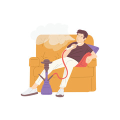 Caucasian man chilling in chair and smoking hookah, flat vector isolated.