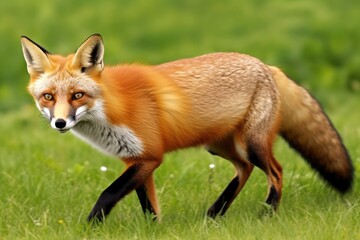 Fototapeta premium red fox wandering through a verdant meadow. Generative AI