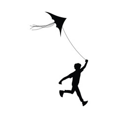 Black silhouette of boy running with flying kite flat style