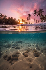 Fototapeta na wymiar Photograph of beautiful inviting beach scene with pink sunset sky. AI generative